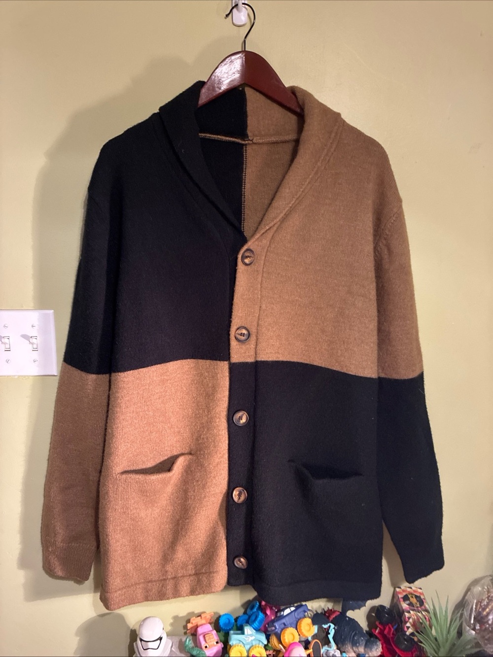 Men's Two-Tone Black and Brown Button-Front Cardigan